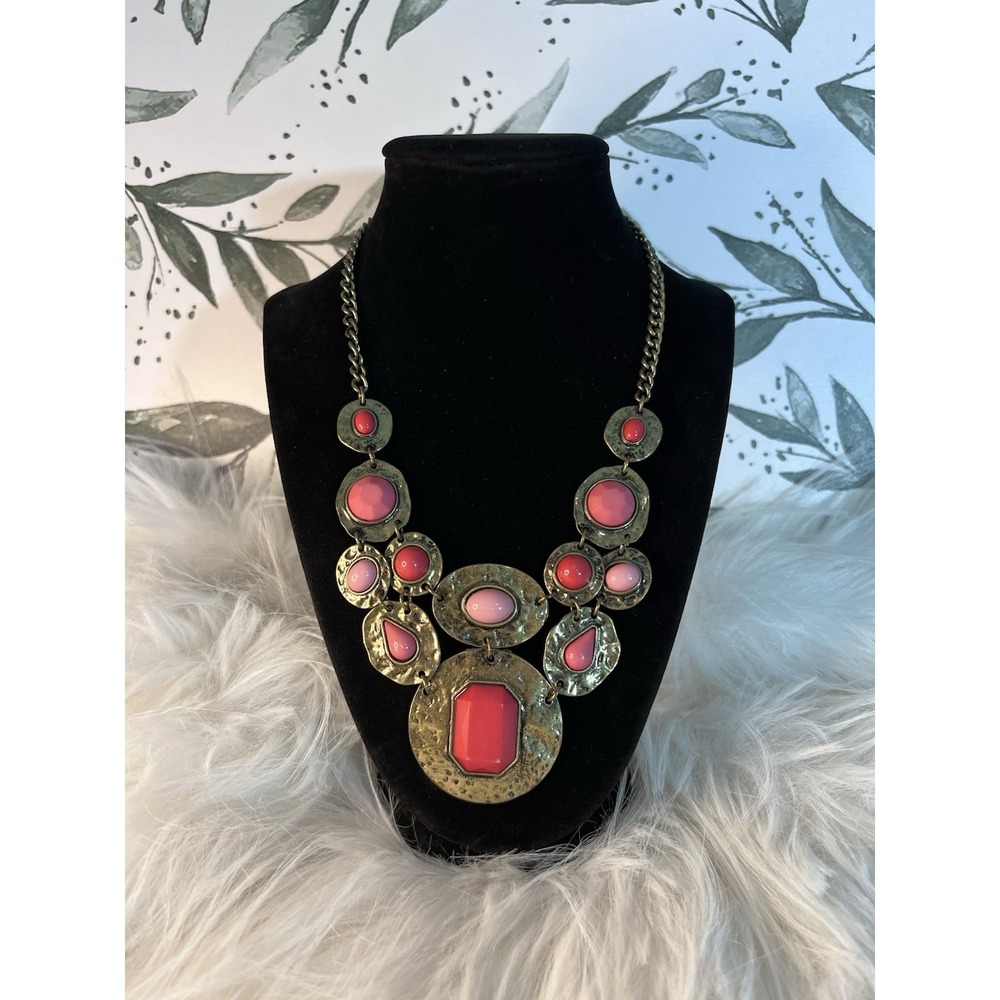 Ruby Rd. Vintage Pink Red Cabochon Bib Statement Necklace Boho-Chic Hammered - Picture 13 of 16